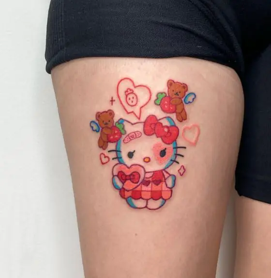 Colorful Teddy Bears and Hello Kitty Thigh Tattoo