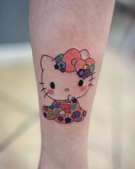 Colorful Hello Kitty with Flowers Arm Tattoo