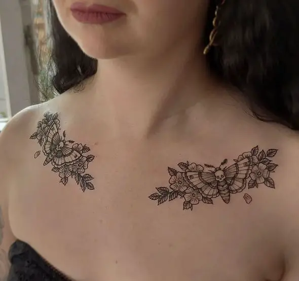 Symmetrical Wild Roses and Death Moth Collarbone Tattoo