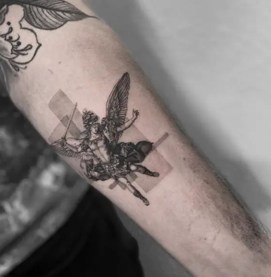 Black and Grey Saint Michael with Sword and Wings Forearm Tattoo