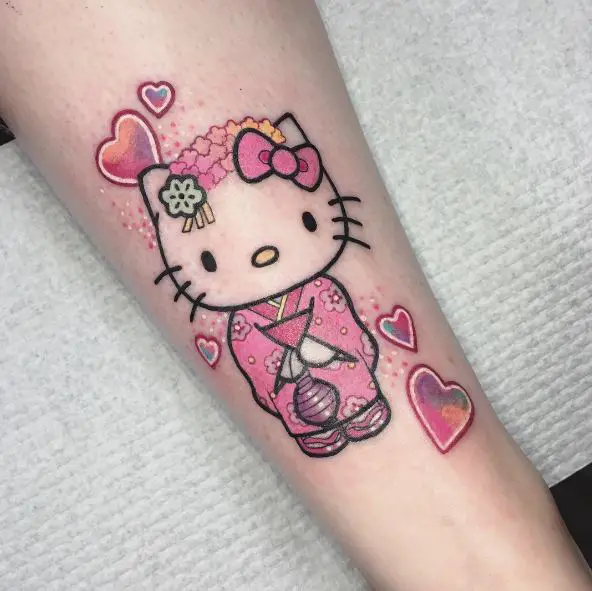 Pink Hello Kitty Geisha Forearm Tattoo