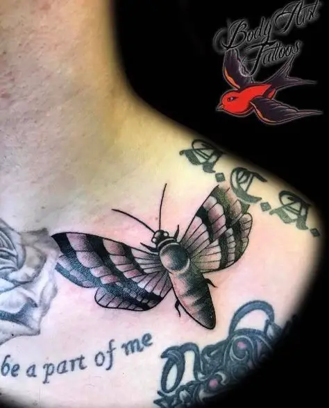Black and Grey Moth Collarbone Tattoo