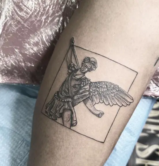 Framed Saint Michael with Sword and Wings Leg Tattoo