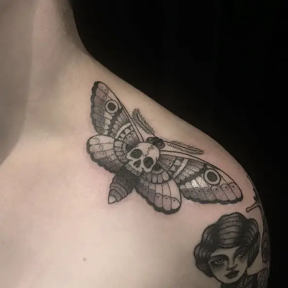Black and Grey Death Moth Collarbone Tattoo
