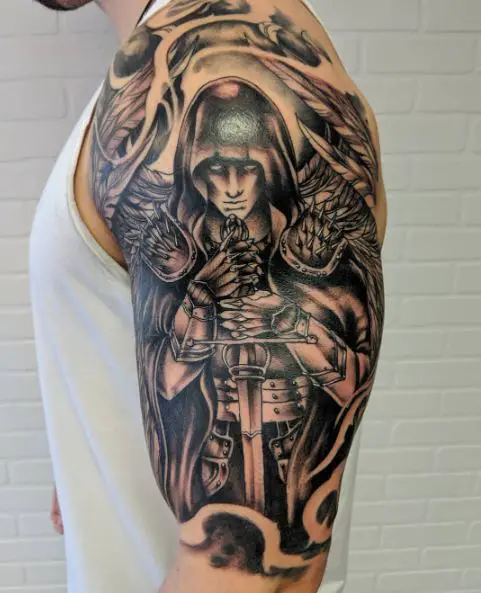 Black and Grey Saint Michael with Sword and Hoodie Arm Tattoo