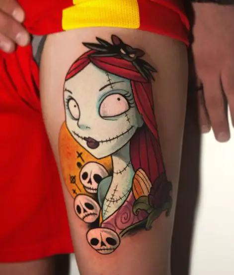 Colorful Skulls and Sally Thigh Tattoo