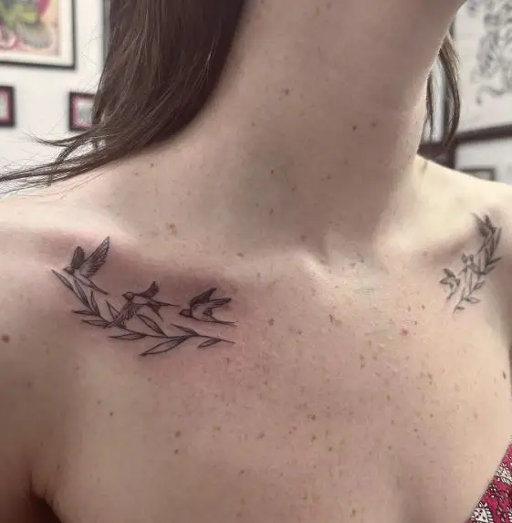 Black and Grey Branch with Leaves, and Birds Collarbone Tattoo