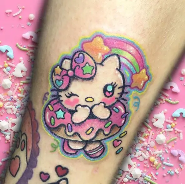Colorful Rainbow and Hello Kitty with Donut Tattoo
