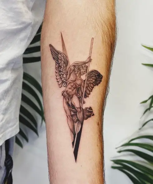 Black and Grey Saint Michael with Spear and Wings Forearm Tattoo
