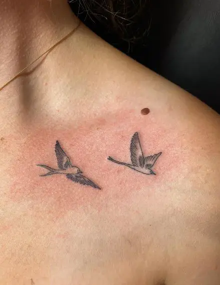 Black and Grey Swallows Collarbone Tattoo