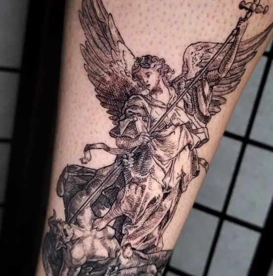 Black and Grey Saint Michael Killing Satan with Spear Leg Tattoo
