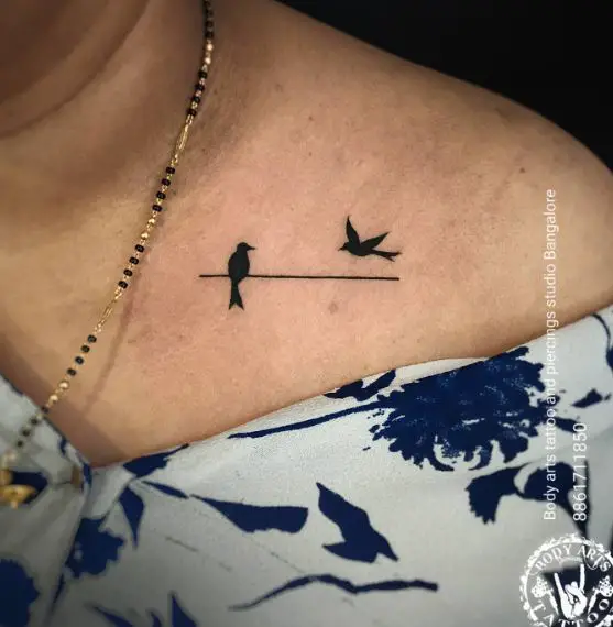 Black Birds on Wire Collarbone Tattoo