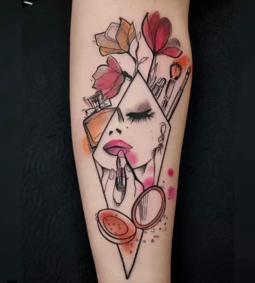 Colored Flowers and Woman with Makeup Portrait Abstract Forearm Tattoo