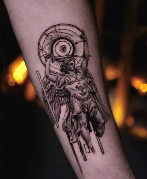 Black and Grey Eye and Saint Michael with Sword and Wings Forearm Tattoo
