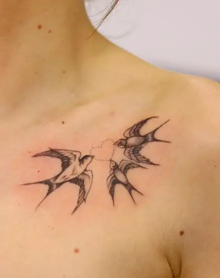 Black and Grey Heart and Swallows Collarbone Tattoo