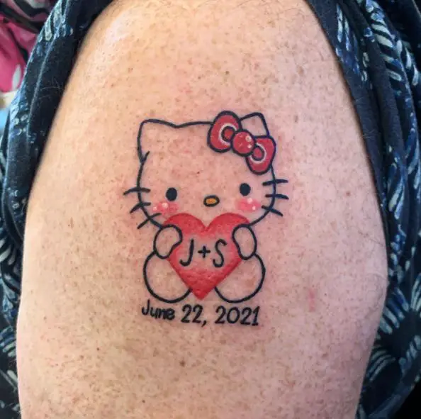 Date and Hello Kitty with Heart and Initials Arm Tattoo