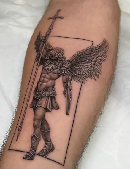 Black and Grey Framed Saint Michael with Spear and Wings Forearm Tattoo
