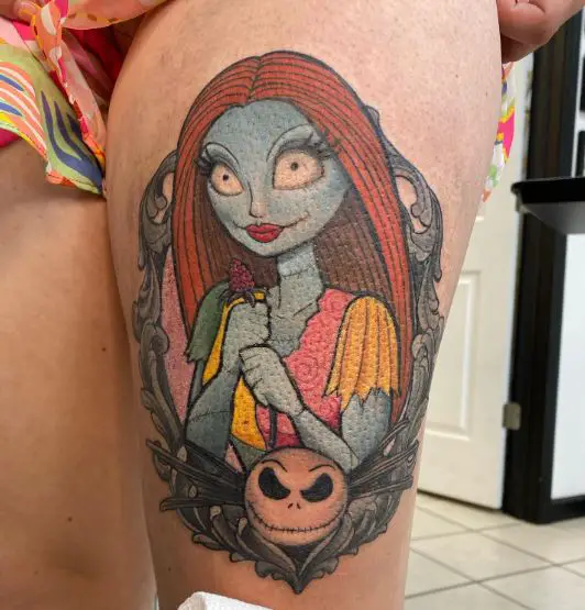 Colorful Skull and Sally with Flower Thigh Tattoo