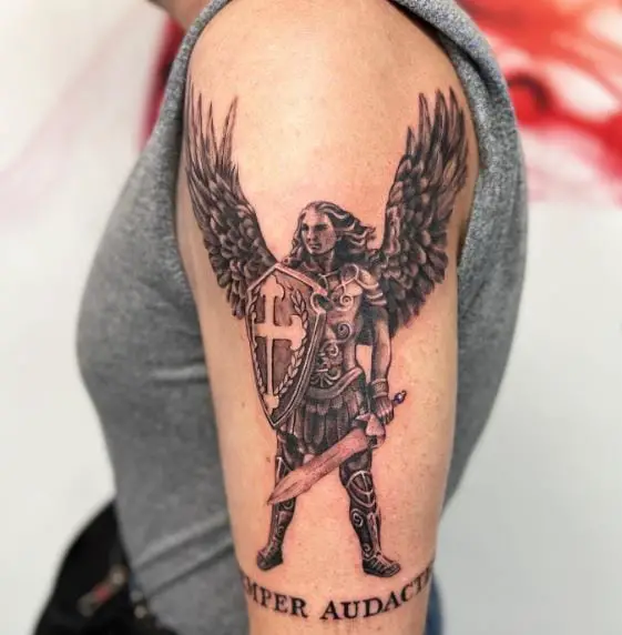 Black and Grey Saint Michael with Sword, Shield and Wings Arm Tattoo