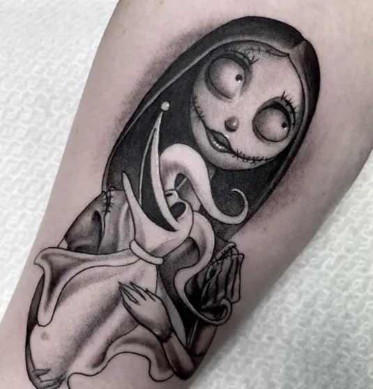 Black and Grey Sally with Zero Forearm Tattoo