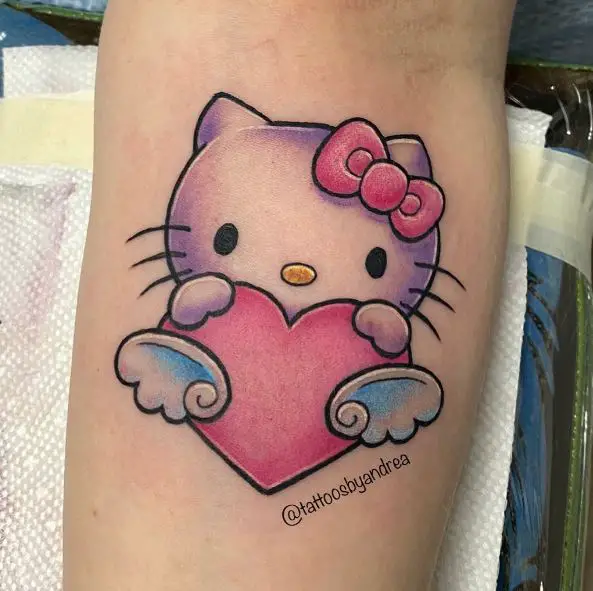 Colorful Hello Kitty with Heart Forearm Tattoo