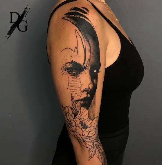 Flowers and Woman Portrait Abstract Arm Tattoo