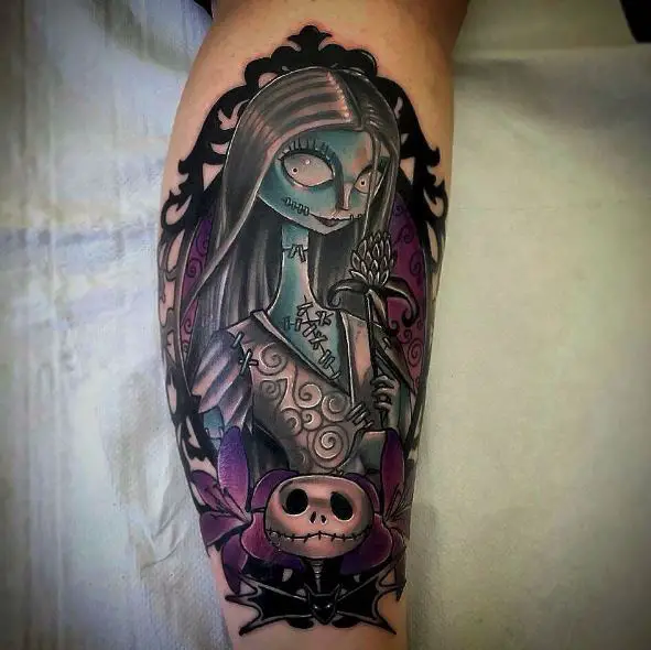 Colorful Jack Head and Sally Leg Tattoo