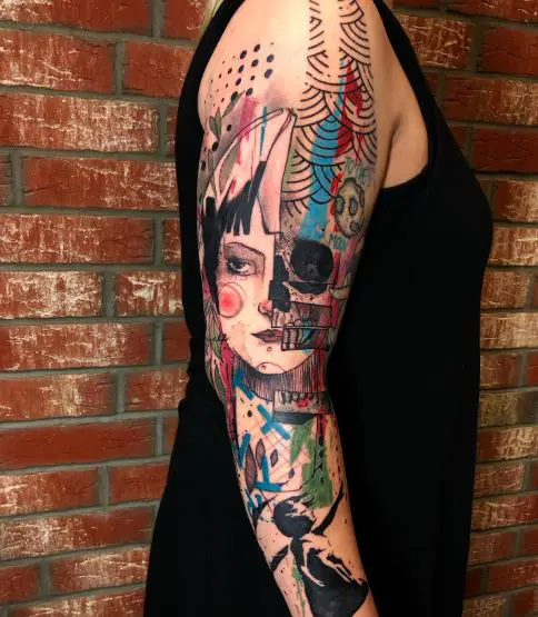 Colorful Skull and Girl Portrait Abstract Arm Sleeve Tattoo