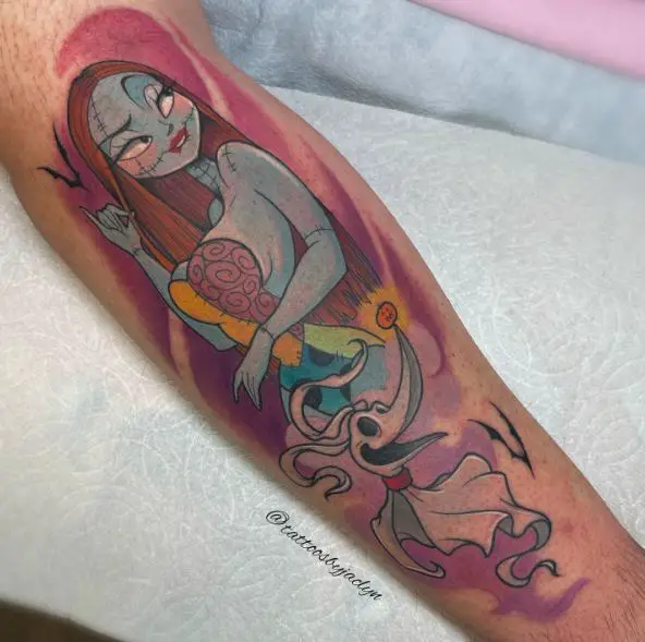 Colorful Zero and Sally as Jessica Rabbit Forearm Tattoo