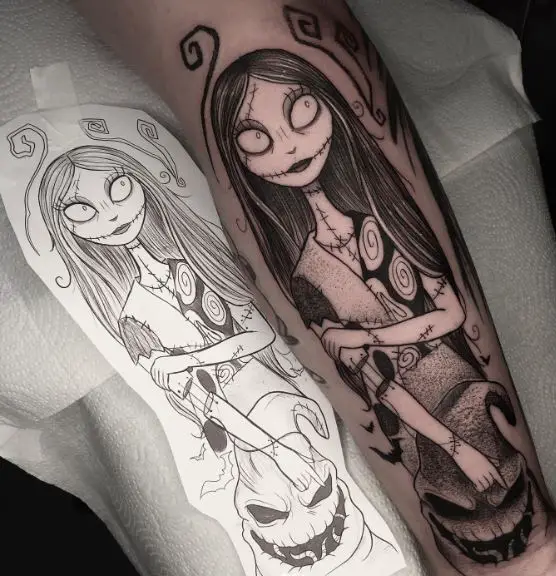 Black and Grey Oogie Boogie and Sally Forearm Tattoo