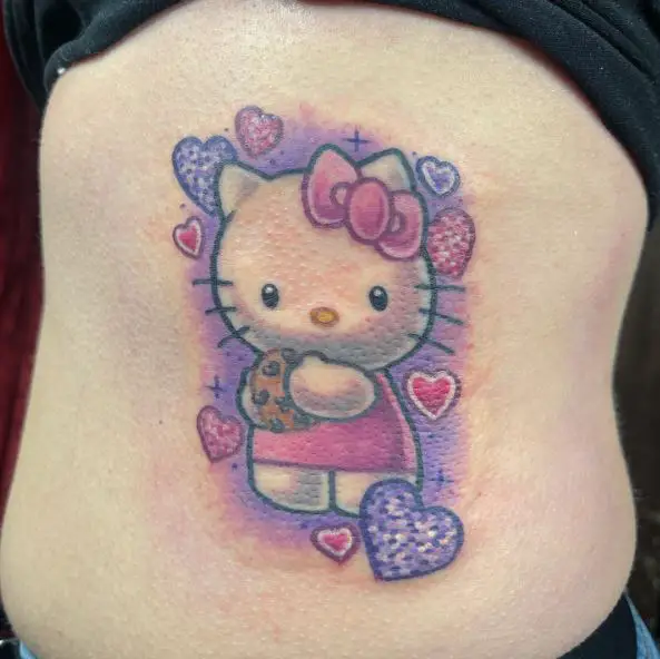 Colorful Hello Kitty with Hearts Ribs Tattoo