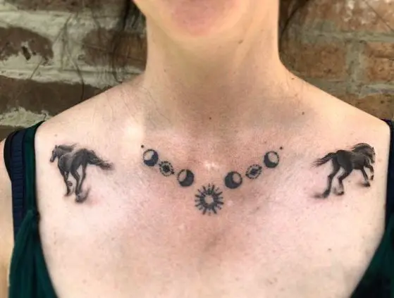 Black and Grey Moon Phases and Wild Horses Collarbone Tattoo