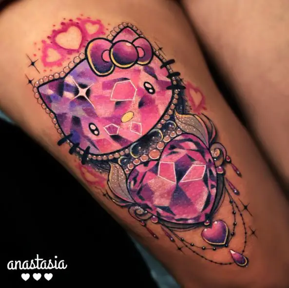 Hearts and Hello Kitty Jewel Thigh Tattoo