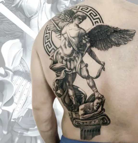Greek Ornament and Saint Michael with Sword Defeating Satan Back Tattoo
