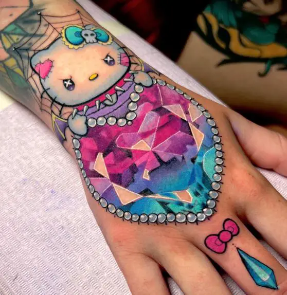 Colorful Hello Kitty with Jewel Heart Hand Tattoo