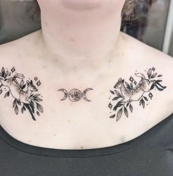 Black and Grey Moon and Deers Collarbone Tattoo