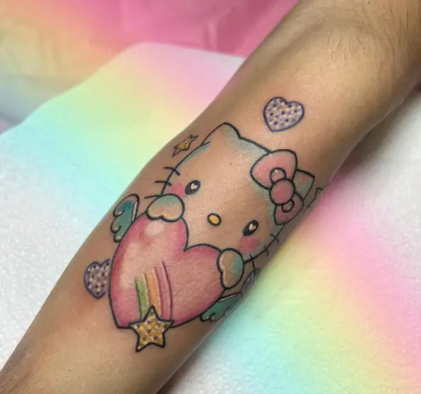 Colorful Hello Kitty with Heart Forearm Tattoo