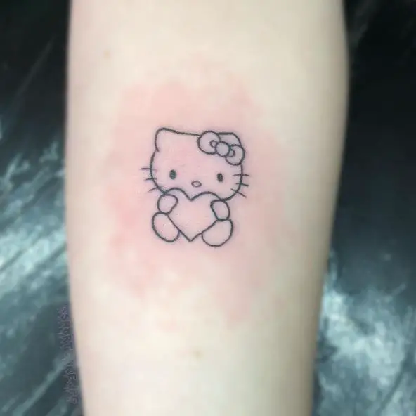 Minimalistic Hello Kitty with Heart Forearm Tattoo