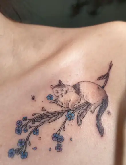 Branch with Flowers and Cat Collarbone Tattoo
