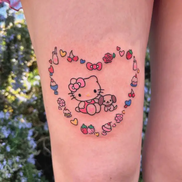 Heart Framed Hello Kitty with Puppy Thigh Tattoo