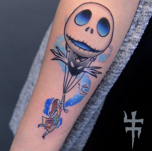 Colorful Jack Skellington as Balloon and Sally Forearm Tattoo