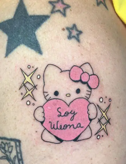 Colorful Hello Kitty with Heart and Stars Thigh Tattoo