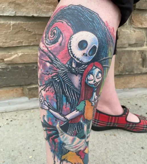 Colorful Jack Skellington and Sally Leg Tattoo