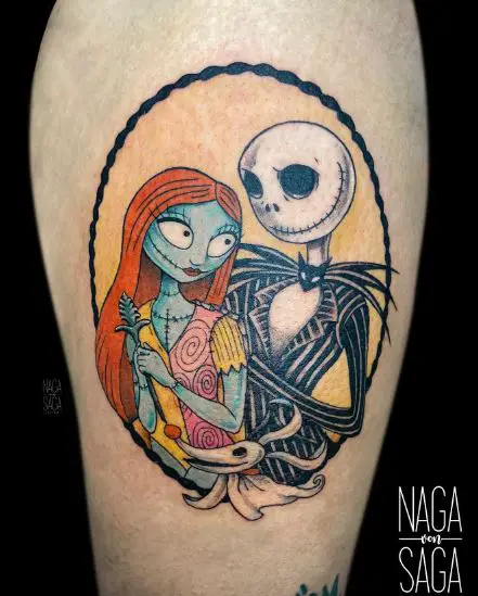 Colorful Jack Skellington and Sally Thigh Tattoo