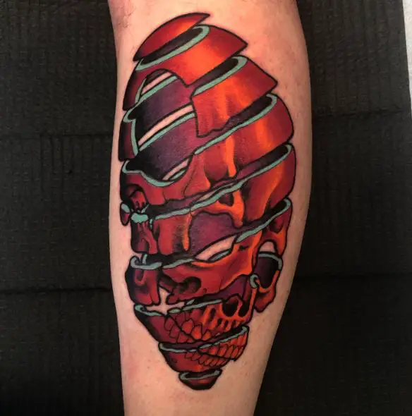 Red Sliced Skull Abstract Forearm Tattoo