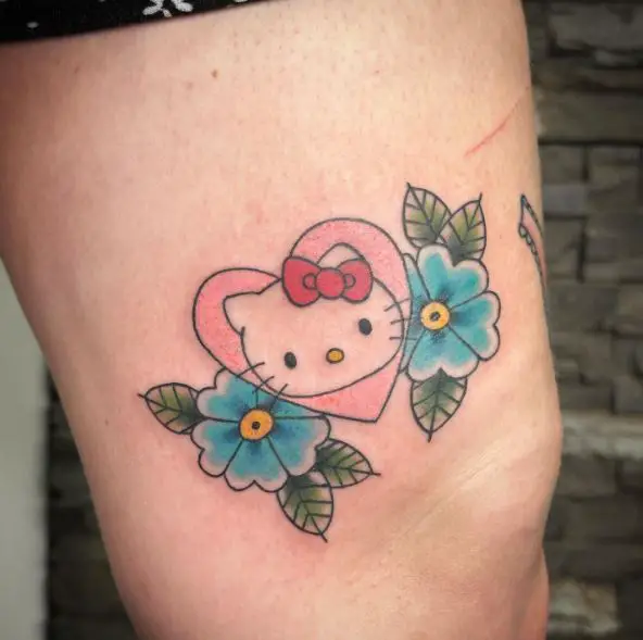 Traditional Flowers and Heart Framed Hello Kitty Thigh Tattoo