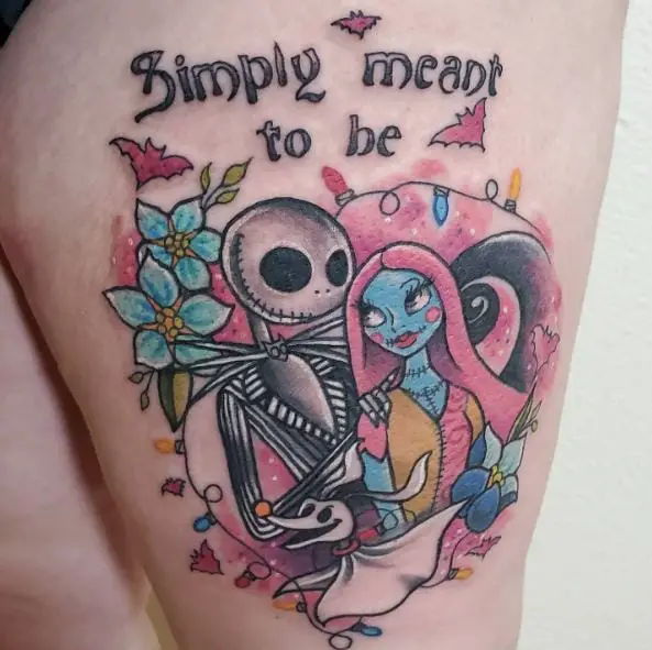 Colorful Jack Skellington and Sally at Party Thigh Tattoo
