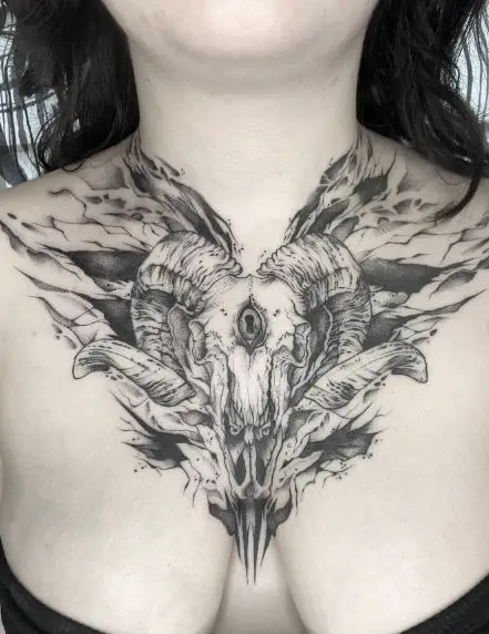 Black and Grey Ram Skull Abstract Chest Tattoo
