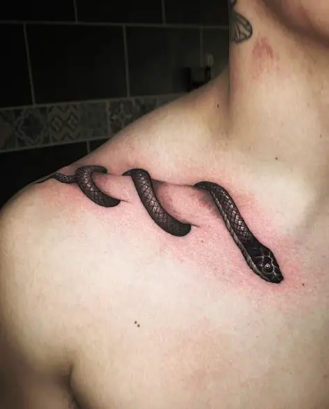 Black Shaded 3D Snake Collarbone Tattoo