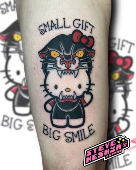 Traditional Panther and Hello Kitty with Script Thigh Tattoo